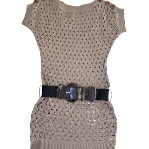 Pronto Pullover Sweater Brown Size Medium Open Knit Button Detail Short Sleeves